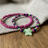 Handmade Pink Green Blue Beaded Bracelet Set, Butterfly Charm & Oval Accent, Playful Boho Jewelry