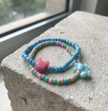 Handmade Beaded Bracelet Set (2 pcs) – Pink, Green & Blue Pastel Beads with Mickey Icon Head Accent, Fun Friendship Gift for Kids/Teens