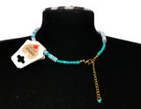 Turquoise Heishi Bead Necklace, Surfer Style Beach Beaded Jewelry, Pastel Pink Blue Choker, Metal-Plated Clasp w/ Extension Chain