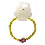 Handmade Yellow Beaded Bracelet, Pink Floral Accent, Playful Casual Jewelry