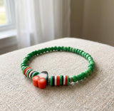 Boho Beaded Bracelet with Cherry Charm – Green Beads & Red-White-Green Accents, Handmade Elastic Jewelry