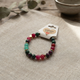 Ruby Zoisite Inspired Colorful Gemstone Beaded Bracelet Handmade Stretch Boho Jewelry Gift for Her, Pink Green Teal Beads with Heart Charm