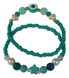 Handmade 2-Piece Turquoise Bracelet Set with White & Blue Beads, Evil Eye & Star Accents – Gift Jewelry, Boho Chic Style