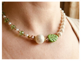 Handcrafted Spring Leaf and Pearl Necklace with Faceted Crystal Beads, Metal-Plated Clasp w/ Extension Chain