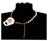 Handcrafted Classic-Modern Pearl Necklace w/ Glass Crystal Beads, Metal-Plated Clasp w/ Extension Chain