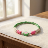 Watermelon Color Clay Bead Bracelet, Pink Green Flower Heishi Bead Jewelry, Preppy Summer Fruit Bracelet Stack
