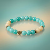 Teal Green Gemstone Beaded Bracelet, Natural Stone Stretch Bracelet with Gold Heart Charm, Minimalist Boho Stackable, Gift for Her