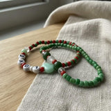 Handmade Red and Green Bracelet Set— Personalized Beaded Stretch Jewelry, Cute Colorful Gift For Her