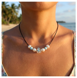 Minimalist Floral Design Necklace with Acrylic White Pearl Beads, Black Cord, Lobster Claw with Extension Chain