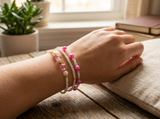 Handmade Pink White Beaded Bracelet Set, Heart Charm, Boho Ocean Jewelry