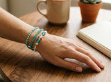 Handmade Turquoise White Pearl-Like Beaded Bracelet Set, Starfish Charm, Boho Ocean Jewelry