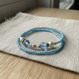 Blue Beaded Bracelet Set with Pearl Charm, Handmade Turquoise Seed Beads Minimalist Stretch Jewelry Gift For Her