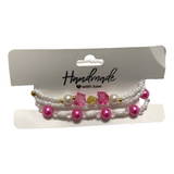 Handmade Pink White Beaded Bracelet Set, Heart Charm, Boho Ocean Jewelry