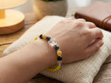 Handmade Beaded Bracelet – Yellow, Black, Clear & Marbled-Style Beads with Clear Butterfly Charm, Boho Jewelry