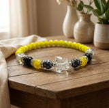 Handmade Beaded Bracelet – Yellow, Black, Clear & Marbled-Style Beads with Clear Butterfly Charm, Boho Jewelry