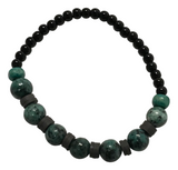 Handmade Boho Bracelet – Greenish-Gray Speckled K2-Style Beads with Dark Spacer Accents & Gray Heishi