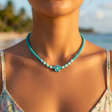 Turquoise Beaded Necklace with Flower Charm, Dainty Seed Beads Floral Jewelry, Metal-Plated Clasp with Extension Chain, Minimalist