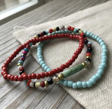 Handmade 3-Piece Colorful Beaded Bracelet Set Red Blue Yellow Black White with Marbled Accent Gift