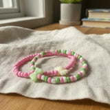 Handmade Pink Green White Beaded Bracelet Set, Flower & Candy Charm, Playful Boho Jewelry