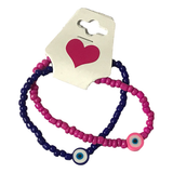 Handmade Pink Blue Beaded Bracelet Set, Eye Charm, Playful Boho Jewelry