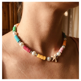 Handcrafted Summer Beach Pearl-like Necklace, Metal-Plated Clasp w/ Extension Chain
