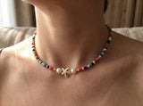Sirenka Handmade - Starfish Beaded Necklace, Rainbow Beach Choker, Summer Pearl Jewelry for Women, Boho Coastal Aesthetic Accessories