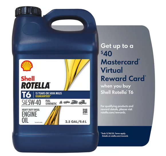 Shell Rotella 550046215 5W-40 T6 Full Synthetic Heavy-Duty Motor Oil, 2.5 gal.