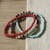 Handmade 3-Piece Colorful Beaded Bracelet Set Red Blue Yellow Black White with Marbled Accent Gift