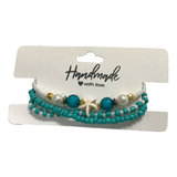 Handmade Turquoise White Pearl-Like Beaded Bracelet Set, Starfish Charm, Boho Ocean Jewelry