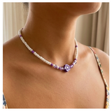Handcrafted Lavender Bloom Beaded Necklace, Metal-Plated Clasp w/ Extension Chain