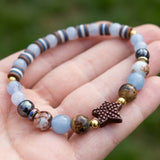 Handmade Women's Blue Brown White Beaded Stretch Bracelet Star Charm Stretch Jewelry One Size Fits All