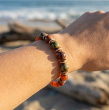 Handmade Beaded Bracelet – Earthy Green, Brown & Red Beads Tones with Tan Disc Spacers