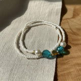 Handmade White Seed Bead Bracelet Set with Blue Glass Beads and Gold Heart Charm— Dainty Pearl Accent, Boho Coastal Jewelry