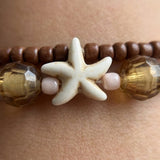 Handmade Sandrift Brown Gold Beaded Bracelet Set, Starfish Charm, Boho Ocean Jewelry