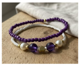 Handmade Ivory and Purple Duo Beaded Bracelets with Faux Pearl Accent