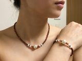 Handmade Faux Pearl Beaded Necklace and Bracelet Set, Earthy Terracotta & White Jewelry, Elegant Boho Chic Set with 5cm Extension Chain