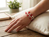 Handmade Red White Beaded Bracelet Set, Silver Heart Charm, Boho Ocean Jewelry