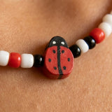 Ladybug Charm Beaded Necklace, White Seed Bead Choker Jewelry, Metal-Plated Clasp w/ Extension Chain