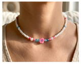 Handcrafted Pink Bloom Beaded Necklace, Metal-Plated Clasp w/ Extension Chain