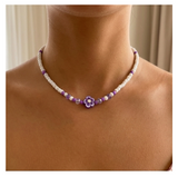 Handcrafted Lavender Bloom Beaded Necklace, Metal-Plated Clasp w/ Extension Chain