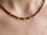 Brown Seed Bead Necklace with Gold Star Charms, Dainty Beaded Jewelry Metal-Plated Clasp w/ Extension Chain