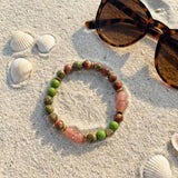 Earth Tone Beaded Bracelet, Green Pink Natural Stone with Heart Charm Stretch Gemstone, Boho Handmade Jewelry, Stackable