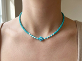 Turquoise Beaded Necklace with Flower Charm, Dainty Seed Beads Floral Jewelry, Metal-Plated Clasp with Extension Chain, Minimalist