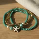Aqua Turquoise with Gold & Ivory Accents Beaded Bracelet Set, Starfish Coastal Charm Stackable Jewelry Pearl & Crystal Stretch Bangles with