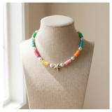 Handcrafted Summer Beach Pearl-like Necklace, Metal-Plated Clasp w/ Extension Chain