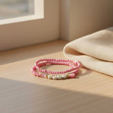 Pink Beaded Love Bracelet Set with Strawberry Charm, Cute Handmade Stretch Seed Bead Stackable Jewelry