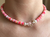 Pink Heishi Bead Necklace, Surfer Style Beach Flower Beaded Jewelry, Pastel White Coral Choker, Metal-Plated Clasp w/ Extension Chain