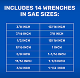 JobSmart JS202434 Alloy Chrome SAE Standard Head Combination Wrench Set, 14-pc.