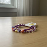 Handmade Purple White Beaded Bracelet Set, Heart & Flower Charms, Playful Boho Jewelry