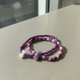 Purple & Pink Beaded Bracelet Set, Cute Bear and Heart Charm Jewelry, Coquette Aesthetic Seed Bead Bracelets, Handmade Birthday Gift for Her.